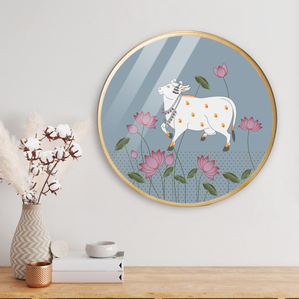 Cow Pink Lotus Acrylic Art Print with Gold Color Metal Ring