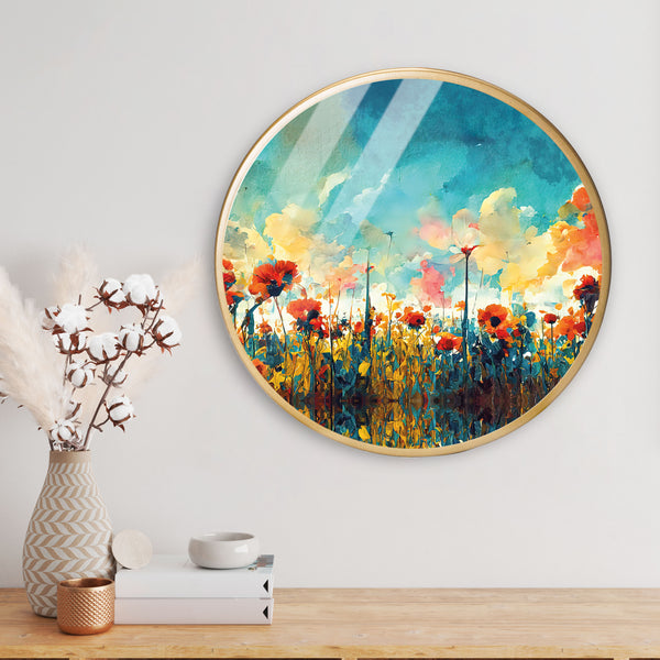 Multi Colour Flower Acrylic Art Print with Gold Color Metal Ring